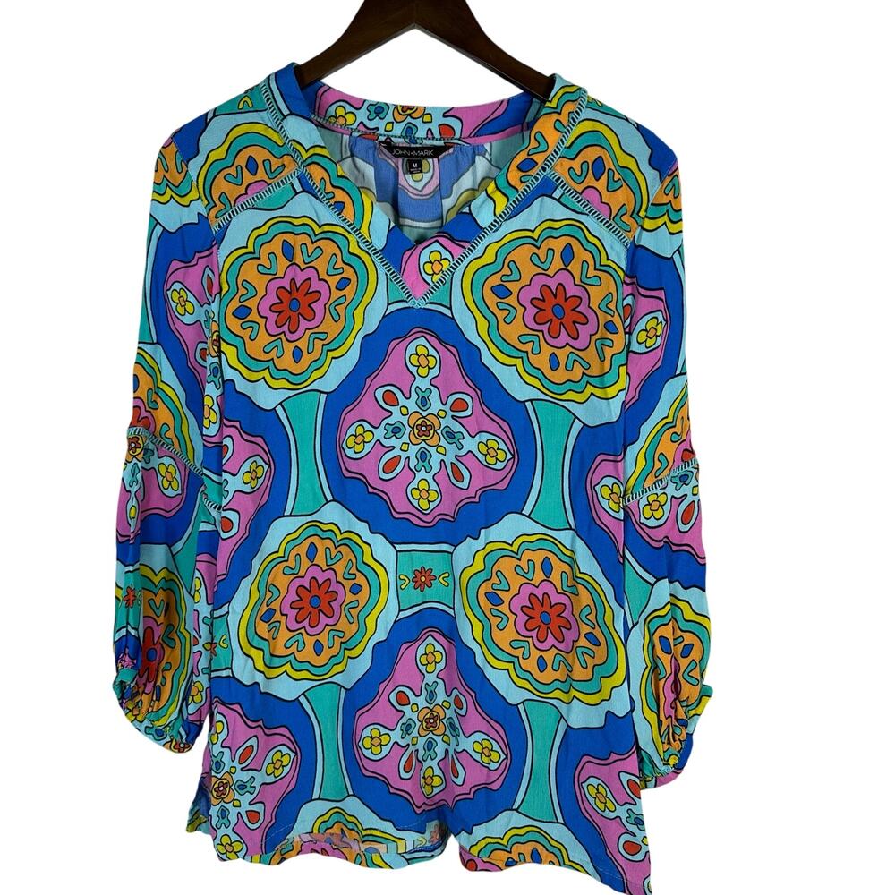 John Mark Pink Blue Geometric Floral V-neck Blouse M Colorful Retro Boho Artsy